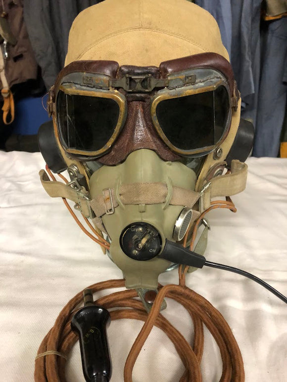 A TYPE D FLYING HELMET POST WAR MASK AND MKV111 GOGGLES